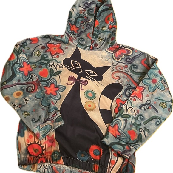 NWOT Multi Color, Wearable Art, Cool Cat Hooded Floral Sweatshirt. Women Sm - Picture 2 of 4